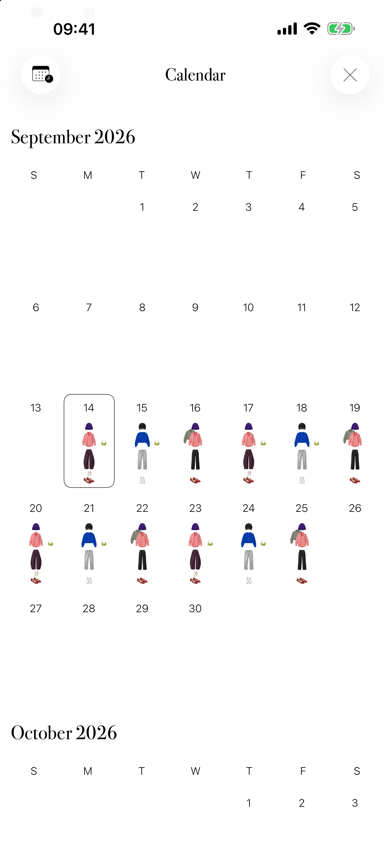 Outfits planned across days in the app’s calendar.