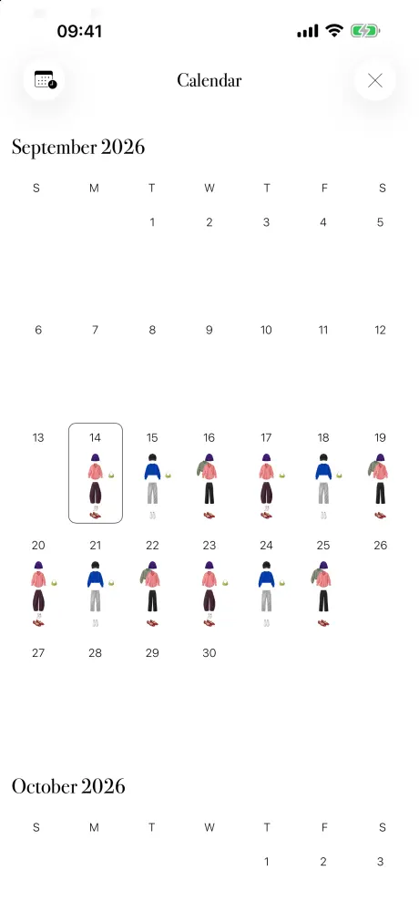 Sample Outfits calendar with outfits planned on different days