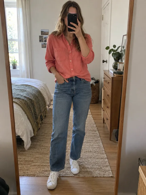 Illustrative outfit photo with a coral shirt, jeans and white trainers