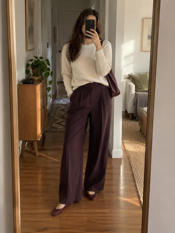 Illustrative mirror photo of a cream knit with plum trousers.