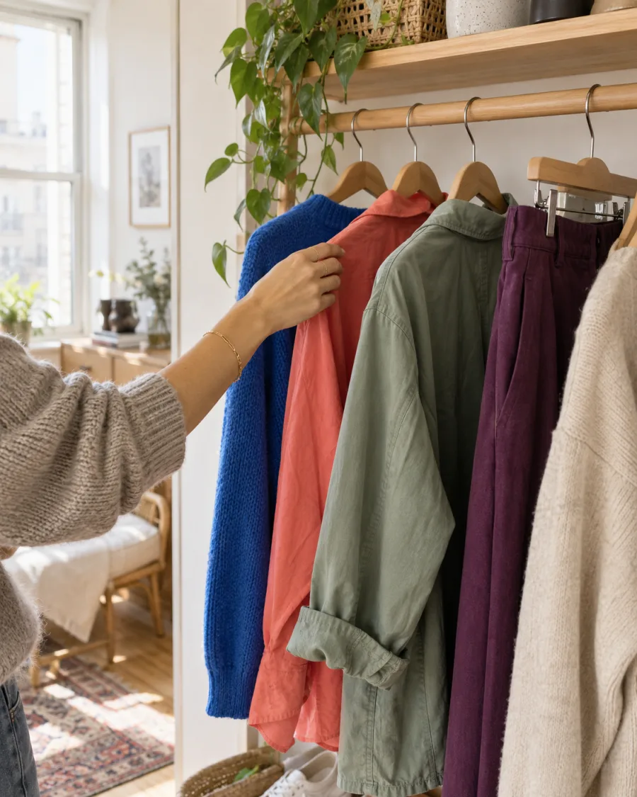 Illustrative view of colorful clothes hanging in a wardrobe.