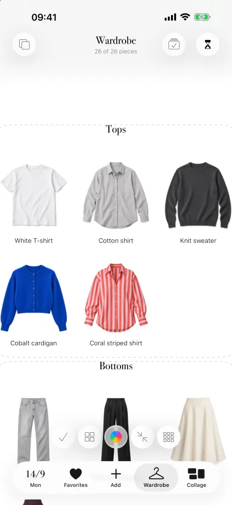 Outfits sample wardrobe screen with saved garments